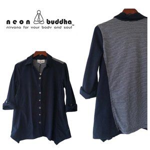New NEON BUDDHA XS Top Tunic Shirt Navy Blue Stripe Yoga Tab Slv.